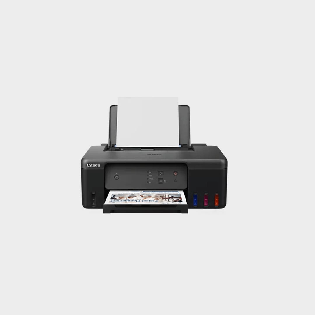 Canon PIXMA G1430 printer with paper ready to print.