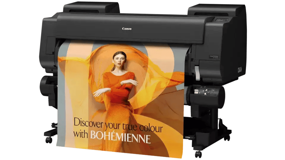 Canon imagePROGRAF GP-4600S large format printer printing vibrant fabric design.