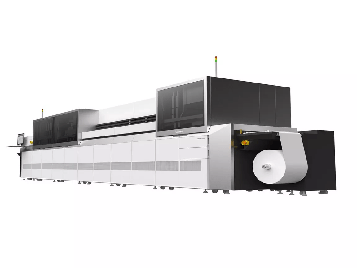Canon LabelStream LS2000 high-speed digital label press printing labels from a roll.