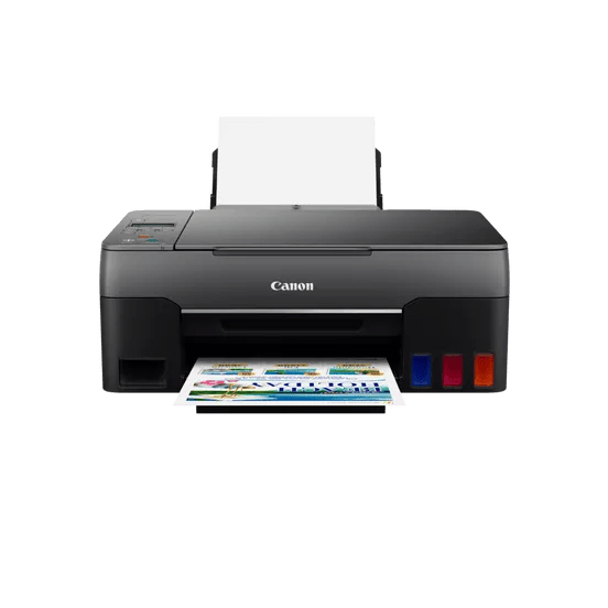 Canon PIXMA G2460 printer with a page of colorful printouts.