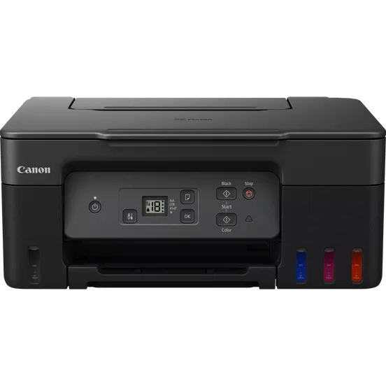 Canon PIXMA G2470 printer, front view. Shows control panel and ink tanks.