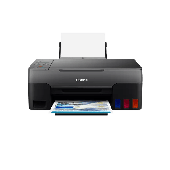 Canon PIXMA G3460 printer with a page of colorful images printing.