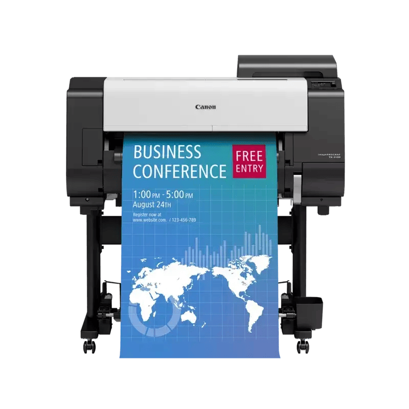 Canon imagePROGRAF large format printer printing a business conference poster. Free entry.