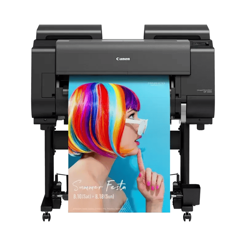Canon ImagePROGRAF GP-2000 large format printer printing a vibrant Summer Festa poster.