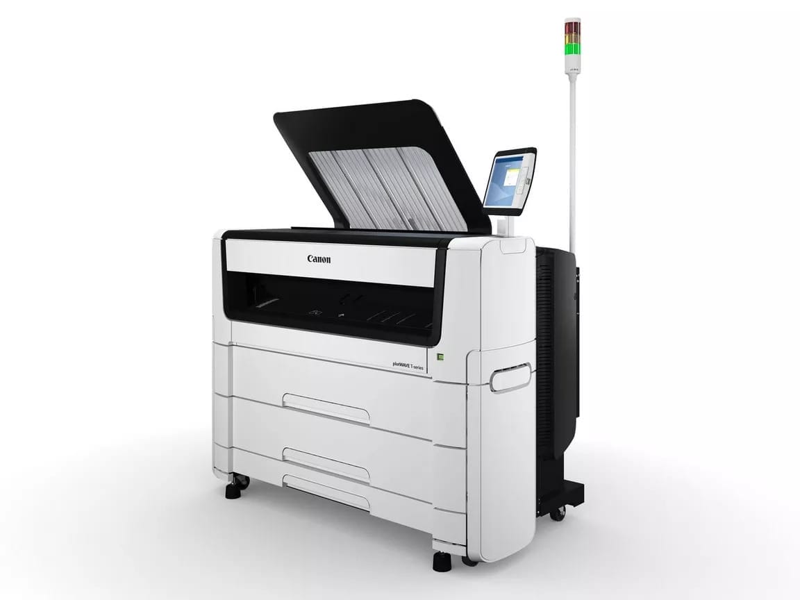 Canon plotWAVE T50/T55 large format printer with open cover and control panel.