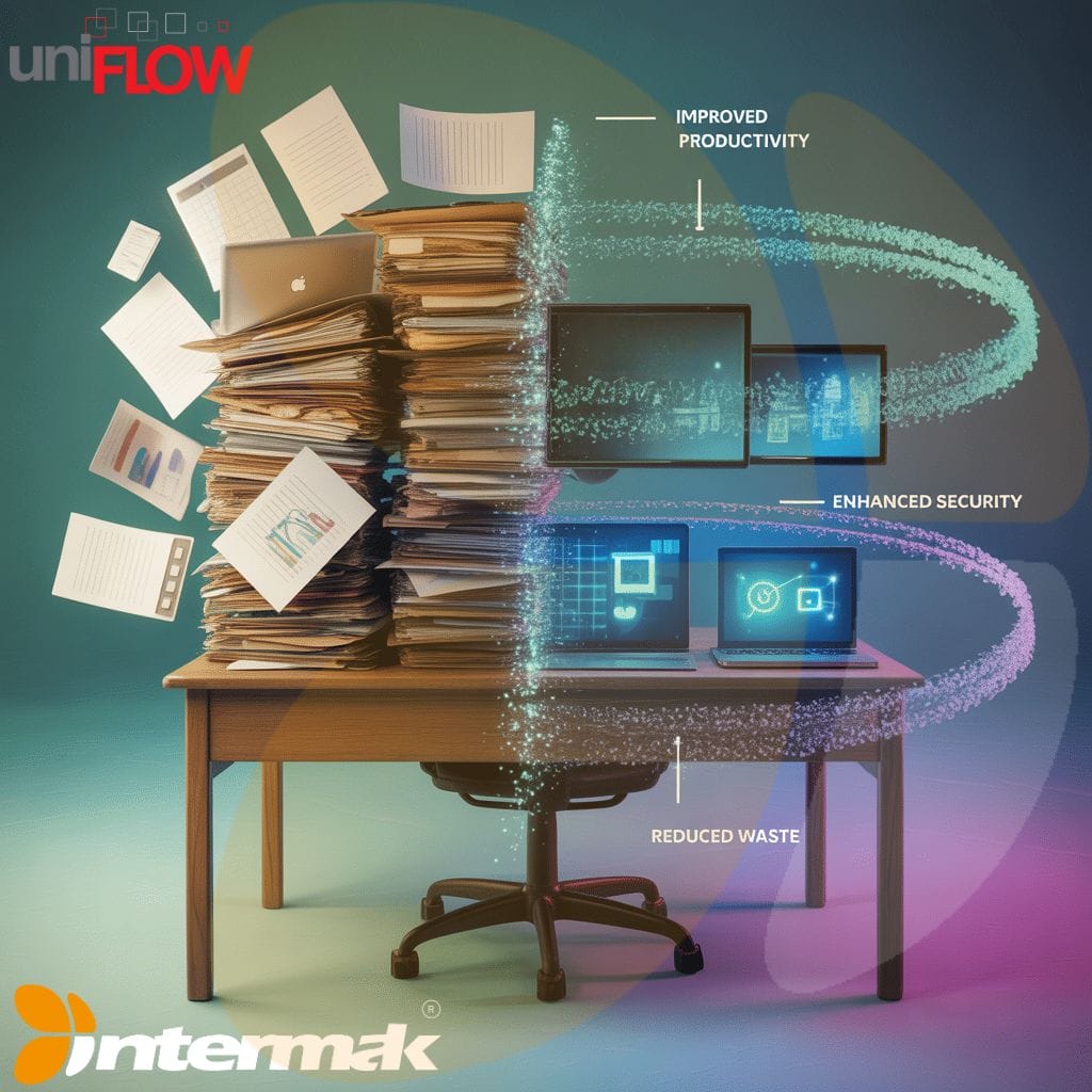 Öncesi ve sonrası: Intermak'ın kağıt dosyaları ve dijital UniFlow sistemi. İyileştirilmiş üretkenlik, geliştirilmiş güvenlik, azaltılmış atık.