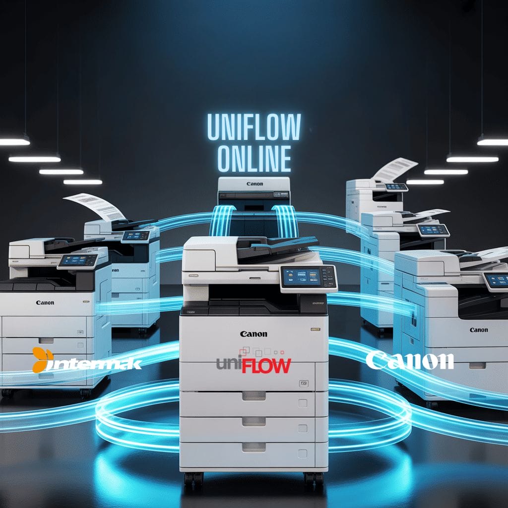 Canon uniFLOW Online çok işlevli yazıcılar ağ üzerinden birbirine bağlandı.