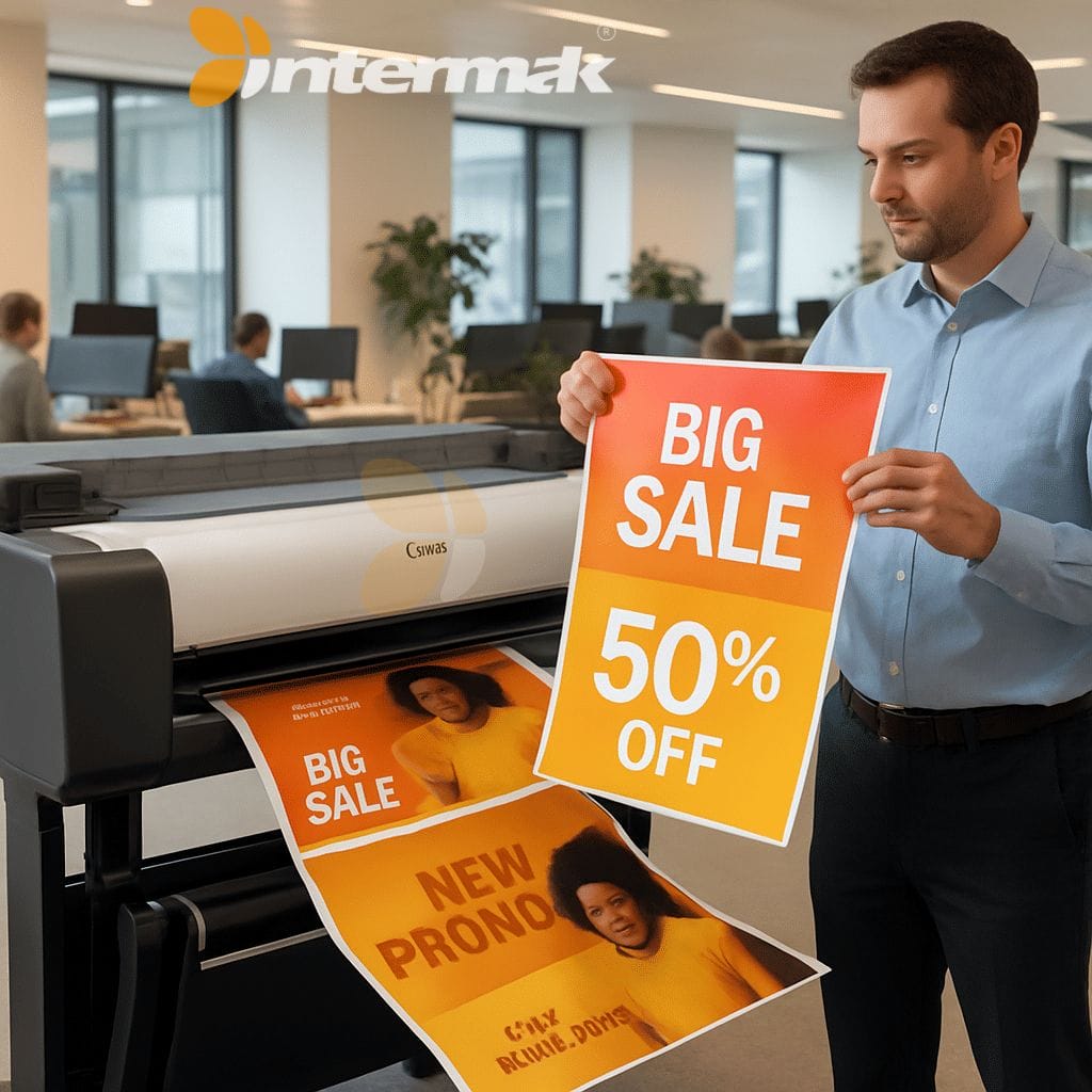 Büyük formatlı bir plotter yazıcının yanında "Büyük İndirim İndirim" tabelası tutan adam.