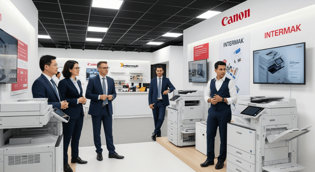 Canon ve Intermak ekip üyeleri, yeni yazıcıları tanıtan modern bir ofiste.