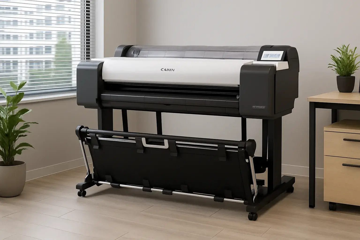 Ortam tepsisiyle birlikte stand üzerinde Canon TM-350 geniş format yazıcı. Yeni dönem geniş format baskı.