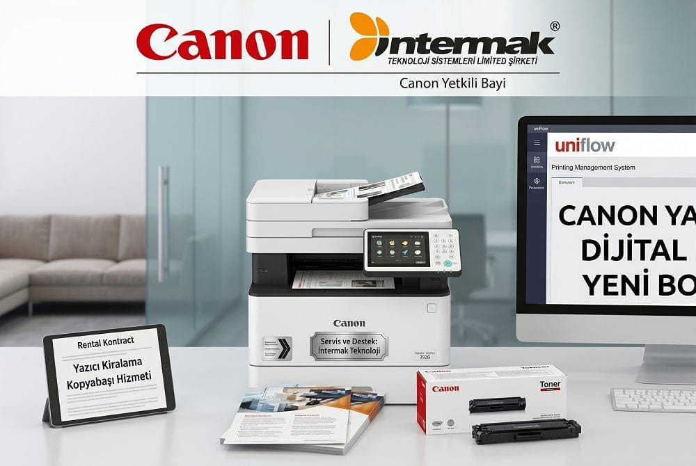Canon yazıcı, toner, Uniflow baskı yönetimi ekranı ve "Canon Yetkili Bayi" Intermak logosu. Canon yazıcı kiralama hizmeti.